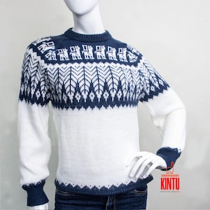 Alpaca Wool Sweater in White and Navy with Andean Llama and Geometric Patterns/alpaca wool blanket