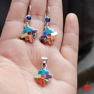 Eternal Chakana: Sterling Silver Andean Cross Set with Vibrant Inlay/handmade jewelry/minimalist jewelry