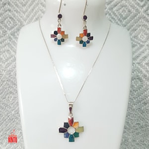 Chakana Jewelry Set in 950 Silver - Elegant Andean Earrings and Pendant Design
