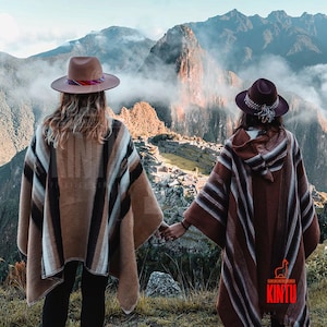 Cozy Winter Alpaca Poncho with Andean Stripes – Authentic Peruvian Design/winter sale