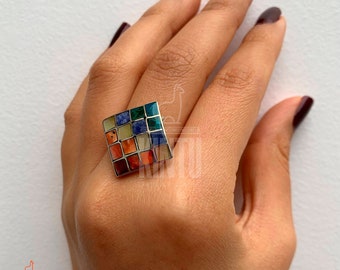 Colorful Cusco Flag Inspired Ring in 950 Silver - Andean Geometric Design