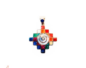 May include: A colorful silver pendant with a spiral design in the center. The pendant is made of silver and has a variety of colored stones.
