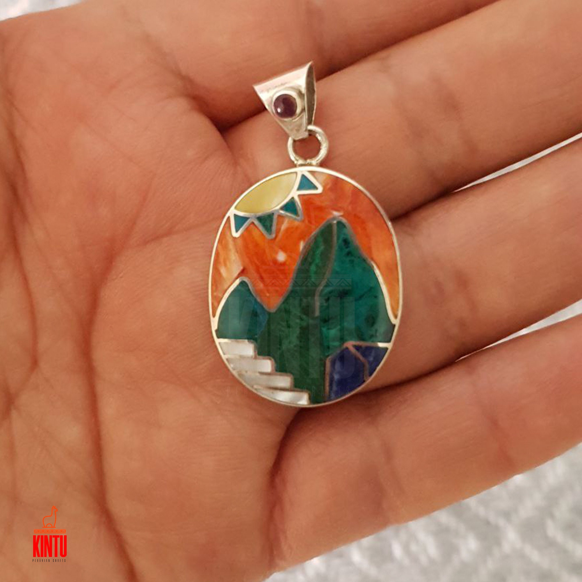 Pendentif Péruvien En Argent 950 - Motif Machu Picchu Avec Spondyle Et Chrysocolle - Collier 24 Pouces - Neuf Sans Emballage