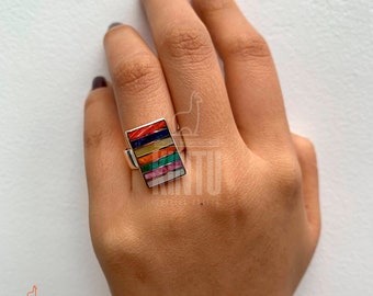 Multicolored Andean Spectrum Ring in 950 Silver - Contemporary Interpretation of Traditional Inca Craftsmanship