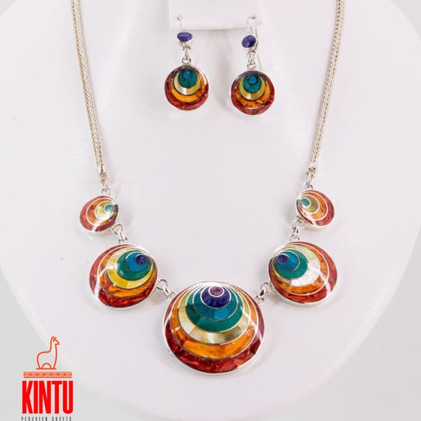 Conjunto de Joyas Pachamama de Plata 950 con Piedras Multicolores - Collar 19" con Cadena Spiga y Aretes