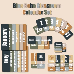 Ensemble de cartes de calendrier de classe Boho bleu / calendrier de classe / cartes de calendrier imprimables / cartes météo de la classe / jours / mois / jours fériés