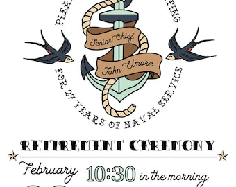 May include: Save the Date invitation for a retirement ceremony. A nautical themed design features an anchor with a rope, two swallows, and a banner that reads "Senior Chief John Elmore for 27 years of Naval Service". The ceremony will be held on February 29th at 10:30 am at the Naval Support Activity Mid-South Base Chapel in Millington, TN.  Participant dress requirements are listed: E7 and above: Khakis, E6 and below: NSUS, Military: Uniform of the day, Civilians: Appropriate attire.