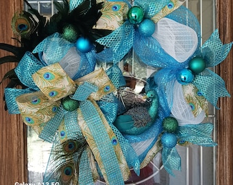 Turquoise peacock front door wreath
