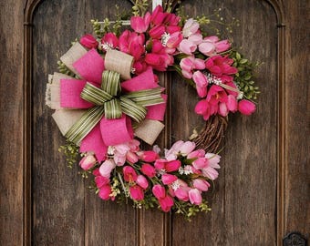 Pink Tulip Wreath, Silk Floral Grapevine Wreath with Bow