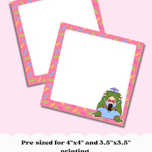 May include: Two pink square digital printables with white centers and colorful sprinkle borders. One features a cartoon frog with an ice cream cone. Text reads: Pre-sized for 4"x4" and 3.5"x3.5" printing. THIS IS A DIGITAL FILE! NO PHYSICAL PRODUCT!
