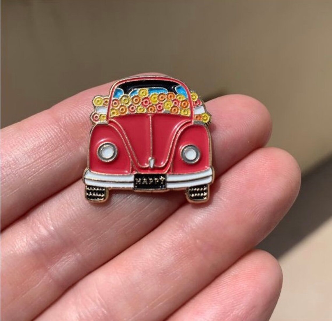 Red car enamel pin Classic Car pin Hippie car pin Flower Etsy