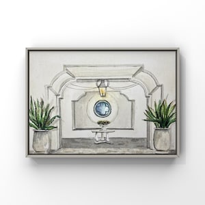 May include: Watercolor painting of a white arched doorway with a blue and white circular window, a small table with a vase of flowers, and two potted plants on either side.