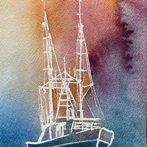 Lowcountry Shrimp Boat Minimalist Watercolor Print, 5x7, 8x10 Charleston, Beaufort South Carolina