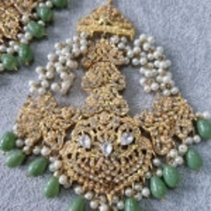 Sea Green Bead Pearl Kundan Bridal Double Necklace Set Earrings Tikka Indian Pakistani Asian Wedding Party Engagement Mehndi Jewellery UK image 3