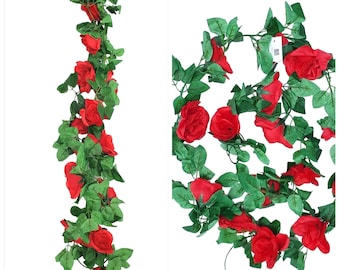 10pcs RED ROSE Christmas Artificial Hanging Silk Flowers Garland Ivy 2.25m/16 open roses on Garland Leaf Vine Home Wedding Stage Decoration