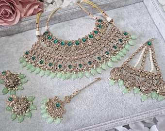 Mint Green Double Bridal Necklace Set: Indian Pakistani Jewelry