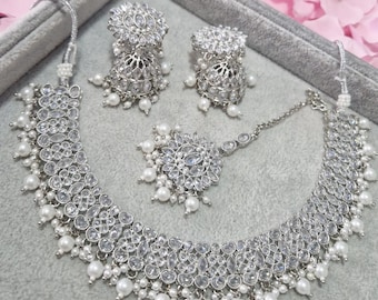 White Silver AD Set Tikka Earrings Jhumkey Indian Pakistani Asian Wedding Bridal Engagement Mehndi Jewellery Accessories UK