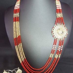 Red Orange Gold Long Malla Rani Haar Necklace Earrings Tikka Set Mehndi Wedding Asian Pakistani Indian Shadi Bridal Gifts for Wife Her UK