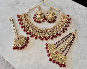 Maroon Antique Gold Indian Jewellery Set: Necklace Earrings Tikka Jhumer Jhumkey Mehndi Wedding Nikkah Baraat Pakistani Indian Jewelery uk