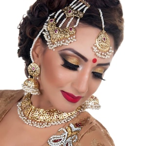 Maroon Gold Pearl Bridal Indian Pakistani Asian Jewellery Necklace Set Earrings Tikka Beads Diamante Weddings Parties Mehndi Engagement