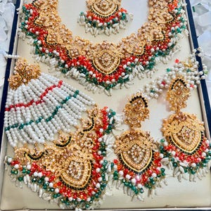 ZARA Nauratan Green Orange Pearl Bead Bridal Necklace Earrings Tikka Indian Pakistani Asian Wedding Party Engagement Mehndi Jewellery Gifts