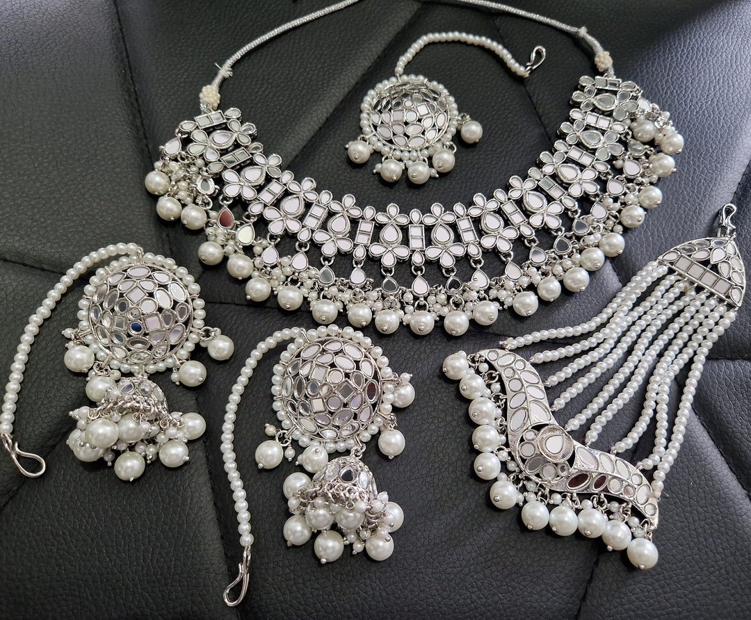 Silver Mirror Pearl Indian Necklace Set: Tikka & Jhumki Earrings