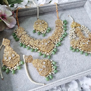 Sea Green Bead Pearl Kundan Bridal Double Necklace Set Earrings Tikka Indian Pakistani Asian Wedding Party Engagement Mehndi Jewellery UK image 1