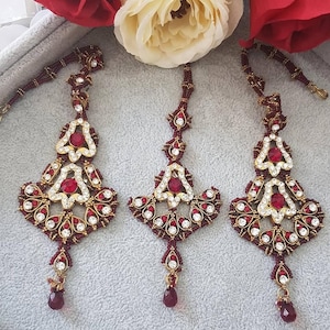 Maroon Earrings Tikka Set Gold Polki Diamante Asian Indian Pakistani Party Bridal Mehndi Wedding Jewellery Nikkah Gifts for Her Wife