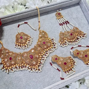 Gold and Maroon Bridal Necklace Set Indian Pakistani Jewellery Asian Weddings Mehndi Ethnic Punjabi Beads Pearls Designer Jewels Gifts Wife
