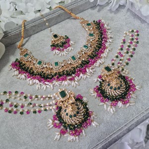 Nauratan Green Pink White Bead Pearl Bridal Necklace Set Earrings Tikka Indian Pakistani Asian Wedding Jewellery Party Engagement Mehndi