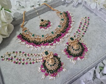 Nauratan Bridal Jewelry Set: Green, Pink, & Pearl Necklace Earrings Tikka