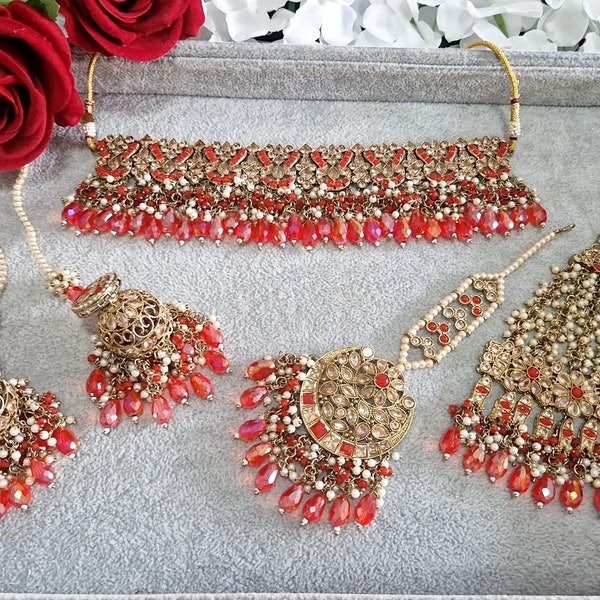Red Gold Crystal Choker Necklace Set Jhumer Tikka Jhumkis Earrings Mehndi Engagement Wedding Bridal Asian Pakistani Indian Jewellery