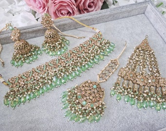 Mint Green Gold Crystal Choker Necklace Set Jhumer Tikka Jhumkis Earrings Mehndi Engagement Wedding Bridal Asian Pakistani Indian Jewellery