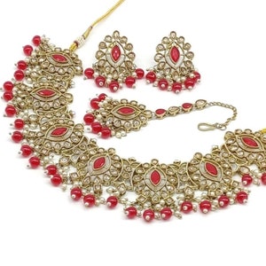 Red Gold Indian Pakistani Asian Jewellery Necklace Set Earrings Tikka Beads Pearls Weddings Parties Mehndi Engagement Gifts for Her Wife