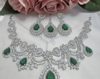 Emerald Green Silver CZ AD Set Tikka Earrings Indian Pakistani Asian Wedding Bridal Engagement Mehndi Jewellery Accessories UK