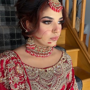 Red Gold Crystal Choker Necklace Set Jhumer Tikka Jhumkis Earrings Mehndi Engagement Wedding Bridal Asian Pakistani Indian Jewellery