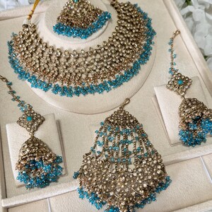 Conjunto de collar y pendientes de novia Kundan de oro naranja, plata y cuentas de cristal, estilo indio, pakistaní y asiático, para bodas, compromisos y ceremonias Mehndi. Ferozi