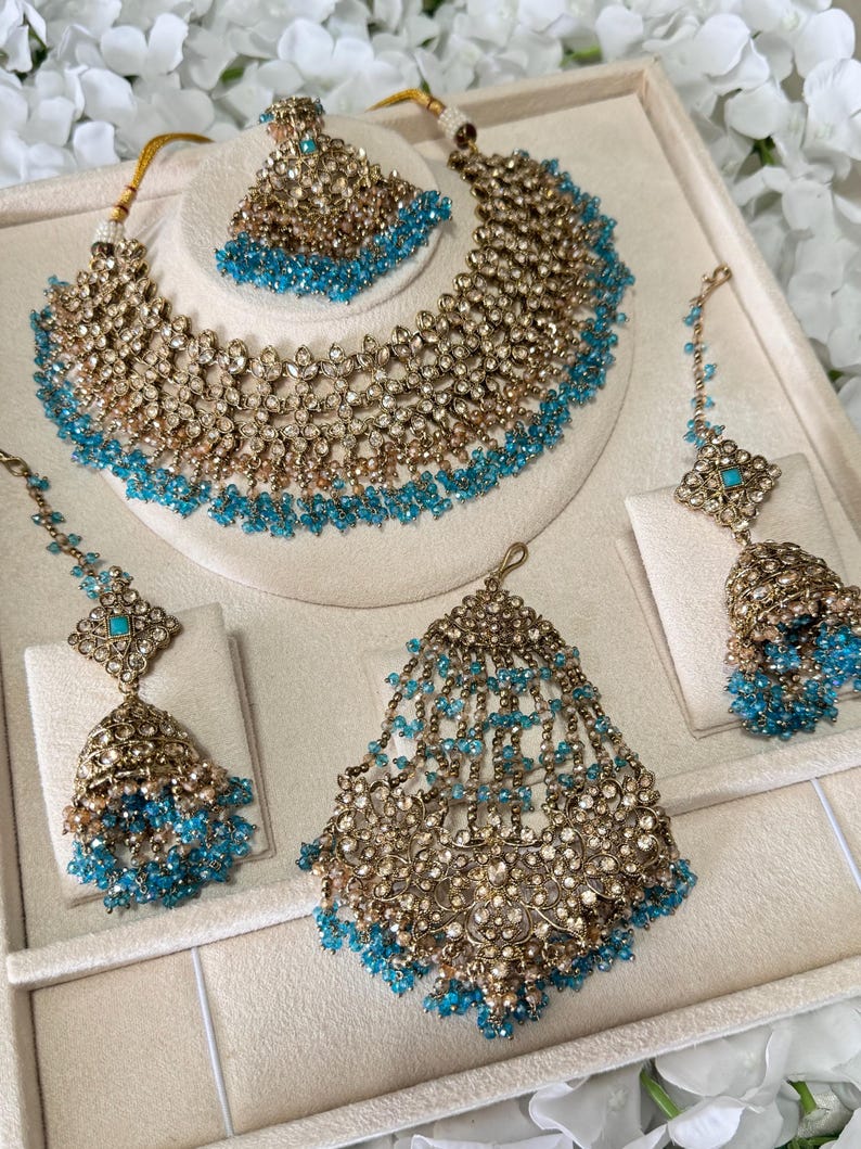 Conjunto de collar y pendientes de novia Kundan de oro naranja, plata y cuentas de cristal, estilo indio, pakistaní y asiático, para bodas, compromisos y ceremonias Mehndi. Ferozi