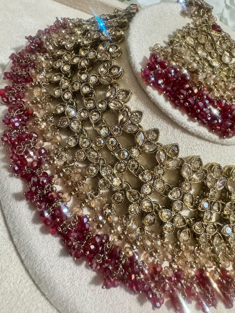Conjunto de collar y pendientes de novia Kundan de oro naranja, plata y cuentas de cristal, estilo indio, pakistaní y asiático, para bodas, compromisos y ceremonias Mehndi. imagen 17