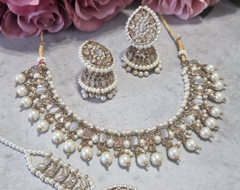 Gold Grey Pearl Indian Pakistani Asian Jewellery Polki Necklace Set Earrings Jhumkis Tikka Beads Pearls Weddings Parties Mehndi Engagement