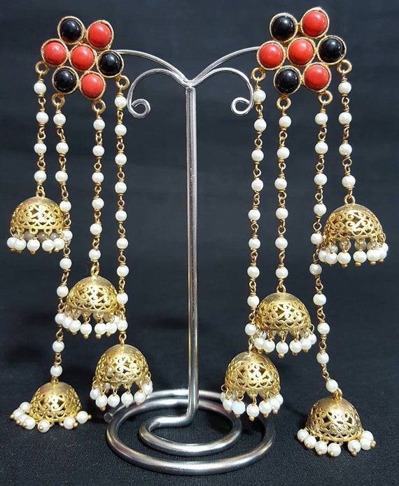 Schwarz Rot Gold Jhumki Ohrringe Lariyan Perle Jhumkis asiatischen