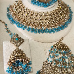 Conjunto de collar y pendientes de novia Kundan de oro naranja, plata y cuentas de cristal, estilo indio, pakistaní y asiático, para bodas, compromisos y ceremonias Mehndi. imagen 13