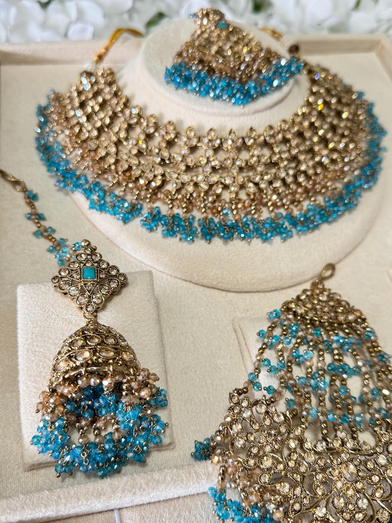 Conjunto de collar y pendientes de novia Kundan de oro naranja, plata y cuentas de cristal, estilo indio, pakistaní y asiático, para bodas, compromisos y ceremonias Mehndi. imagen 13