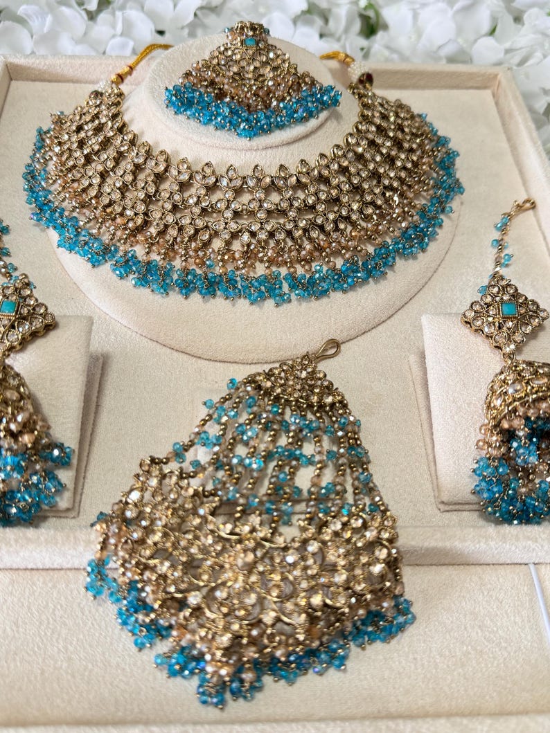 Conjunto de collar y pendientes de novia Kundan de oro naranja, plata y cuentas de cristal, estilo indio, pakistaní y asiático, para bodas, compromisos y ceremonias Mehndi. imagen 10