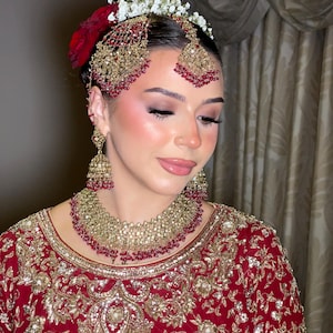 Conjunto de collar y pendientes de novia Kundan de oro naranja, plata y cuentas de cristal, estilo indio, pakistaní y asiático, para bodas, compromisos y ceremonias Mehndi. imagen 1