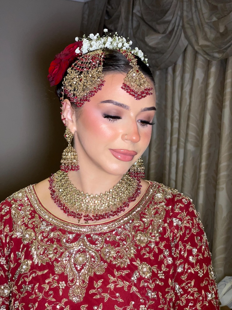 Conjunto de collar y pendientes de novia Kundan de oro naranja, plata y cuentas de cristal, estilo indio, pakistaní y asiático, para bodas, compromisos y ceremonias Mehndi. imagen 1
