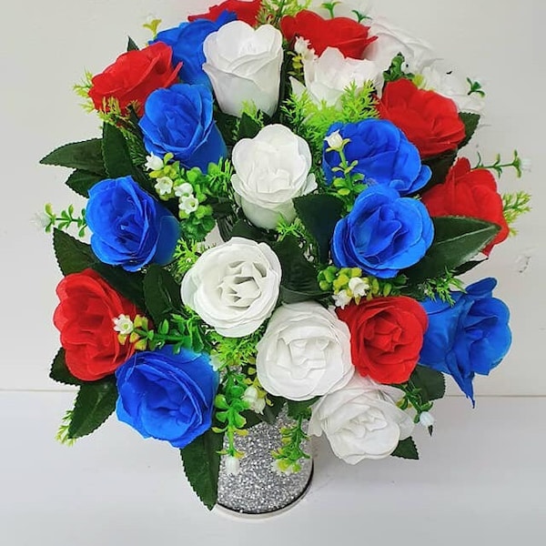 Rose Artificial Flowers 22 Head Bunch Bush Bouquet Red Blue White Colours perfect for Graveside Cemetary or Home Decor Indoor Outdoor UK