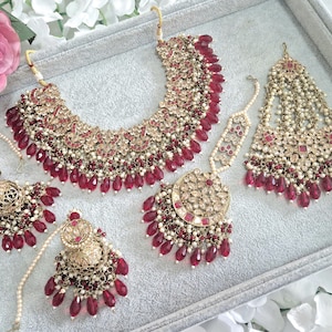 Savera Maroon Gold Crystal Bead Bridal Colar Conjunto Brincos Tikka Indiano Paquistanês Asiático Festa de Casamento Noivado Mehndi Jóias Reino Unido