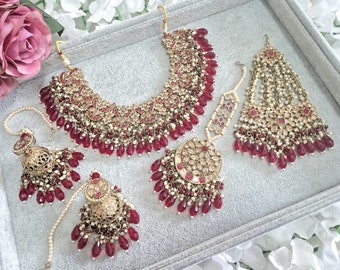 Conjunto de joyería nupcial de cristal granate: collar y pendientes de boda indios dorados Tikka