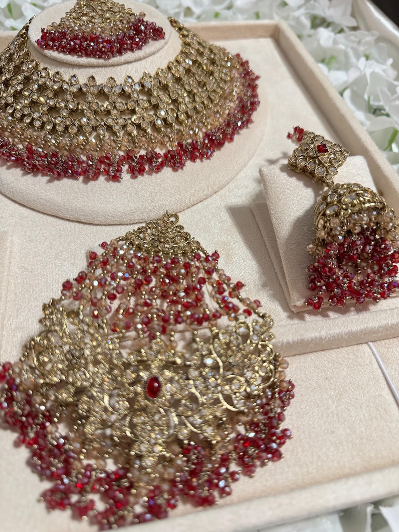 Conjunto de collar y pendientes de novia Kundan de oro naranja, plata y cuentas de cristal, estilo indio, pakistaní y asiático, para bodas, compromisos y ceremonias Mehndi. imagen 15